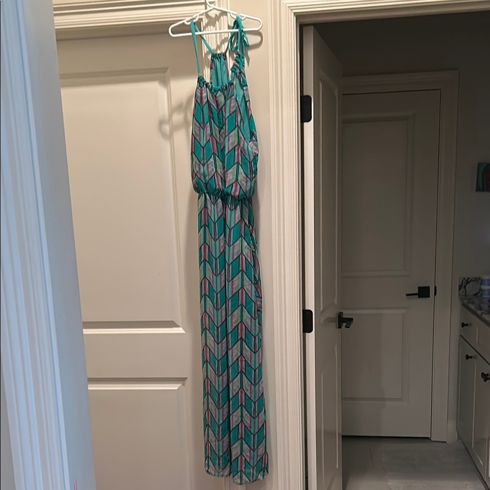 Yoona Teal and Pink Geometric Maxi Dress
